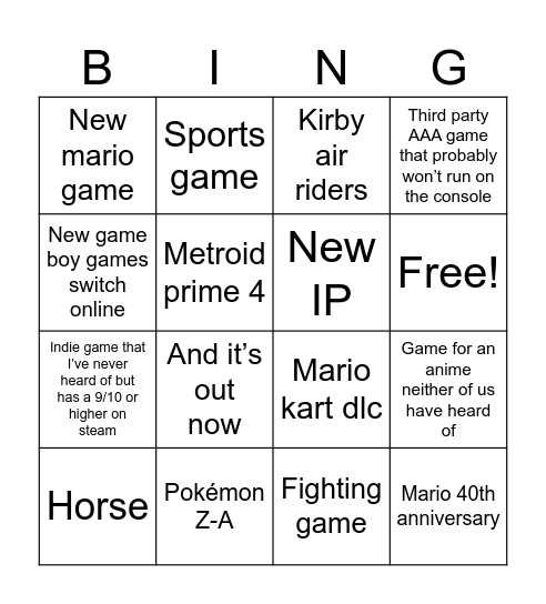 Nintendo Direct Bingo Card