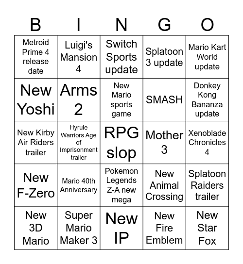 Nintendo Direct Bingo 9/12/25 Bingo Card