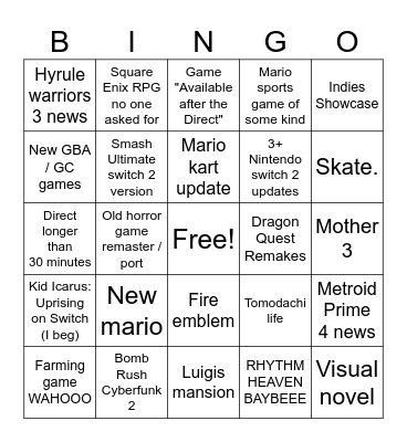 Nintendo Direct 12.09.2025Bingo Card