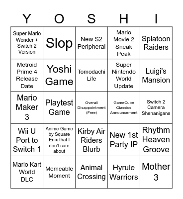 Nintendo Direct 9/12 Bingo Card