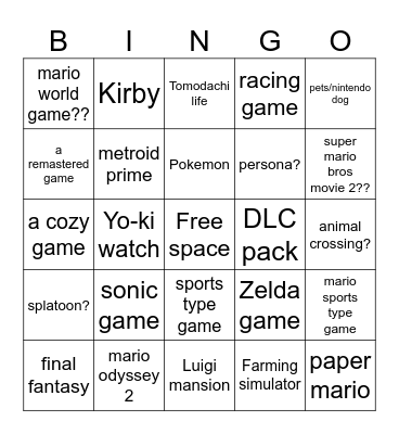nintendo direct Bingo Card