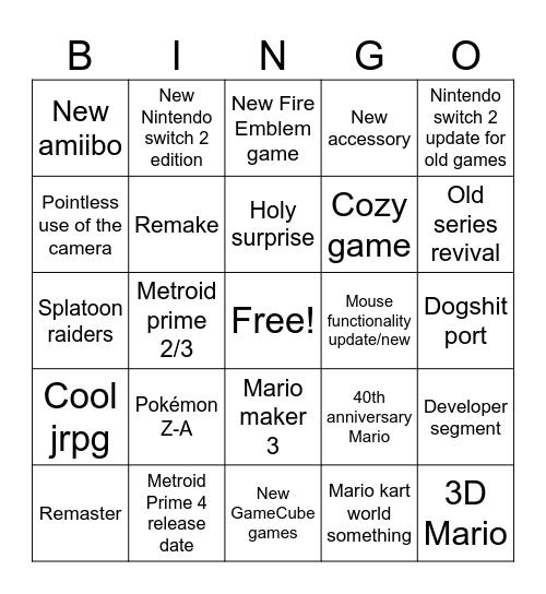Nintendo Direct Bingo Card