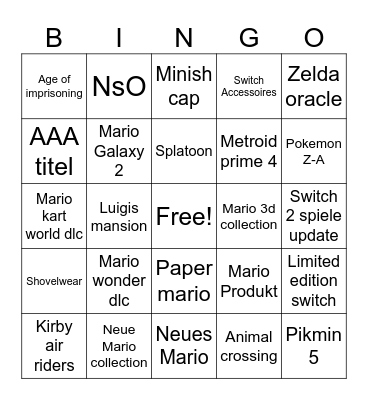 Nintendo direct Bingo Card