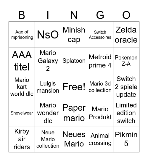 Nintendo direct Bingo Card
