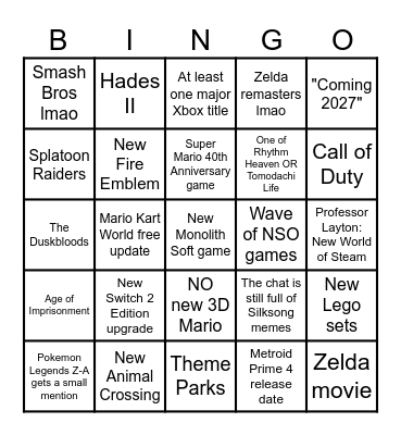 Nintendo Direct 12/09 Bingo Card