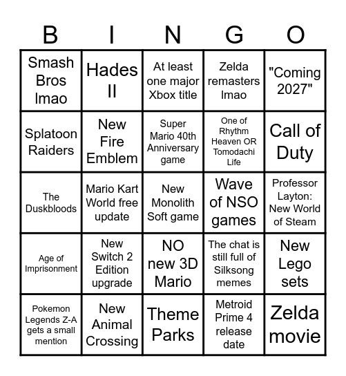 Nintendo Direct 12/09 Bingo Card