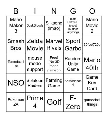 12/09 Nintendo Direct Bingo Card