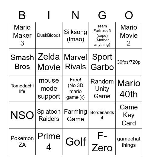 12/09 Nintendo Direct Bingo Card