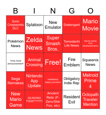 Nintendo Direct 9.12.25 Predictions Bingo Card