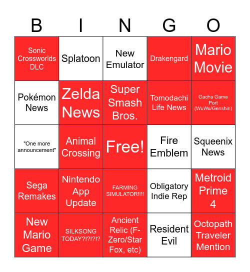Nintendo Direct 9.12.25 Predictions Bingo Card
