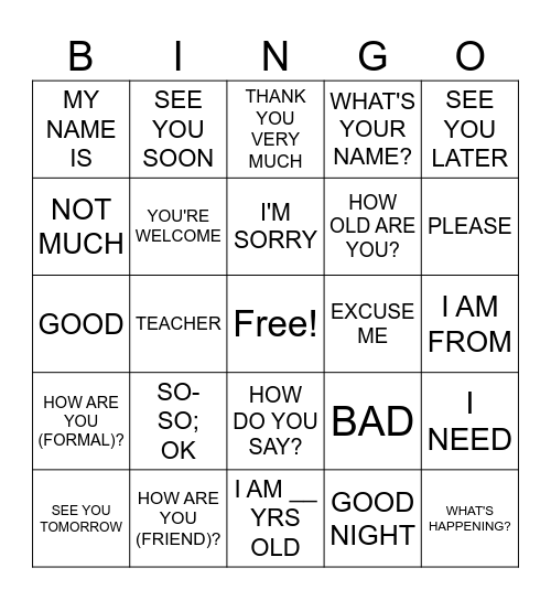 Basic Phrases Bingo Card