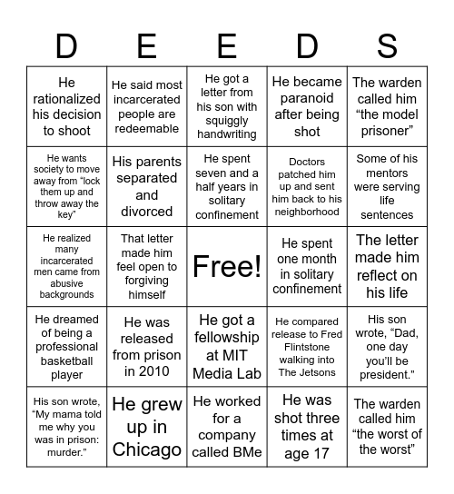 "Why Your Worst Deeds Don't Define You" Ted Talk Bingo Card