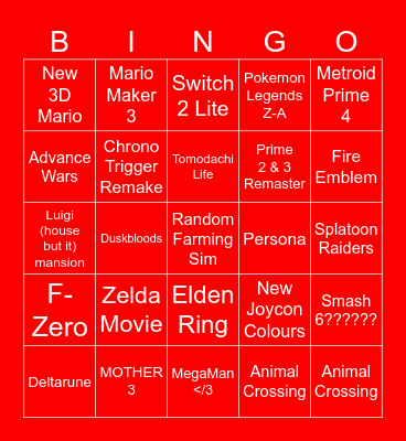 NINTENDO DIRECT Bingo Card