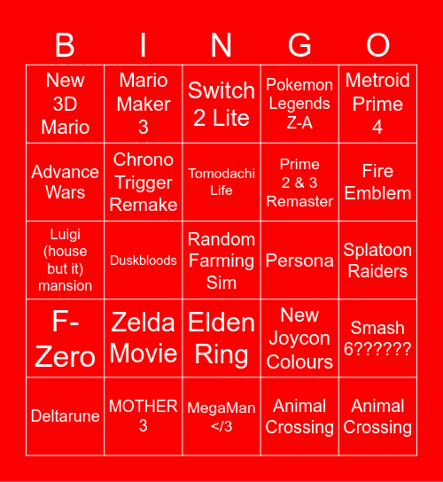 NINTENDO DIRECT Bingo Card
