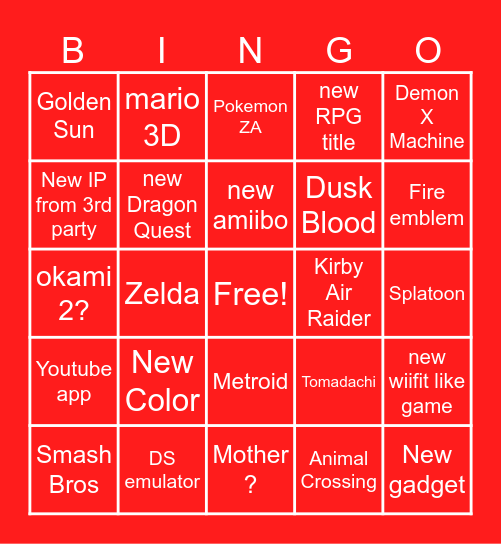 Nintendo Direct sept 2025 Bingo Card