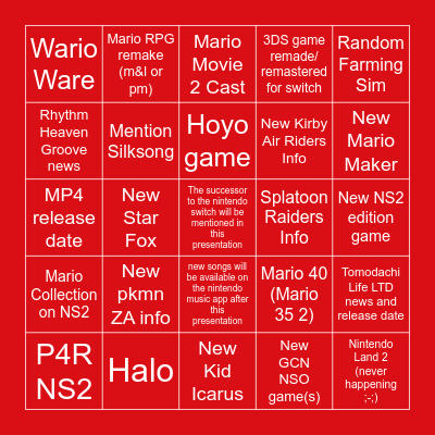 12/09/25 Nintendo Direct Bingo Card