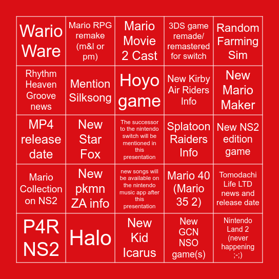 12/09/25 Nintendo Direct Bingo Card