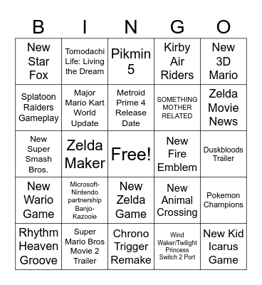Nintendo Bingo Card
