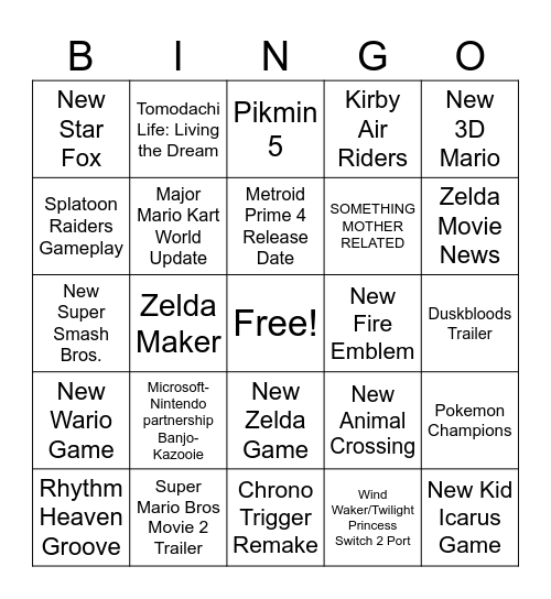 Nintendo Bingo Card
