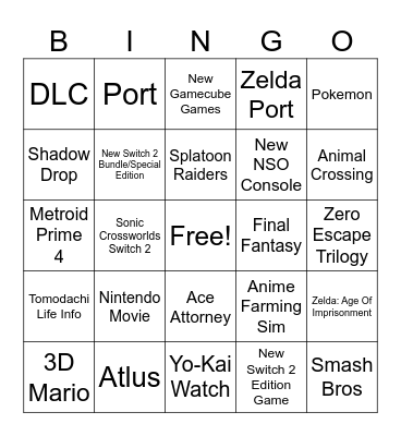 Nintendo Direct Bingo Card