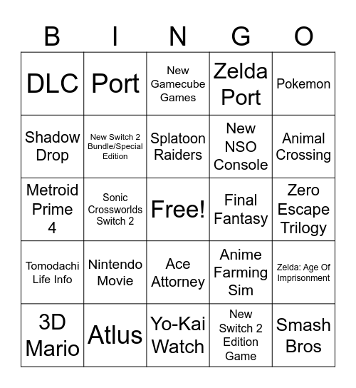 Nintendo Direct Bingo Card
