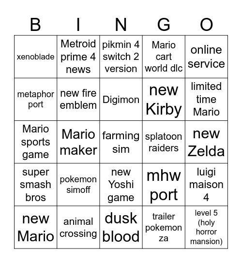 Nintendo direct Bingo Card