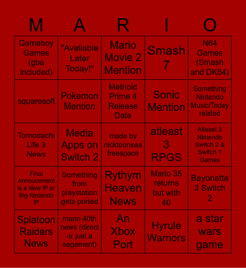 NINTENDO DIRECT 9/12/2025 bingo! Bingo Card