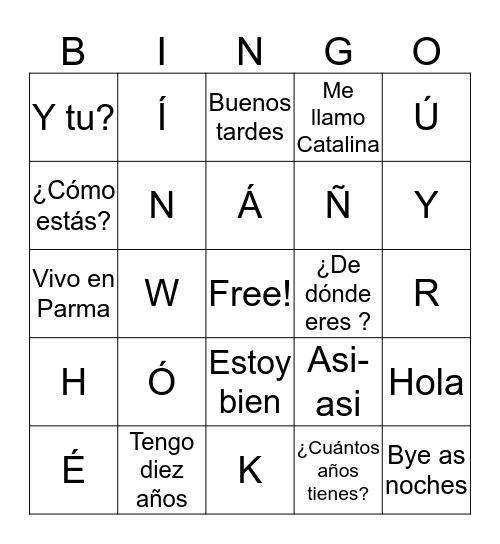 Spanish Bingo Card