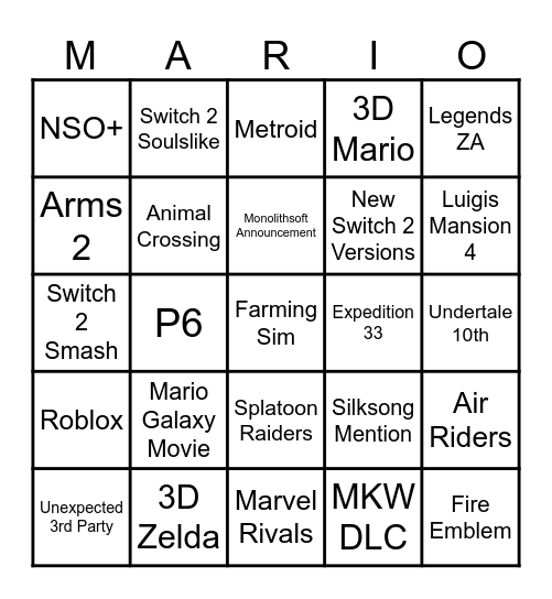 Nintendo Direct Bingo Card