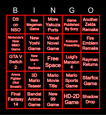 Nintendo Direct 12/9/2025 Bingo Card