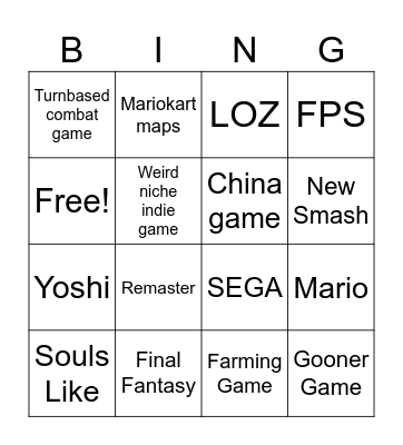 Nintendo Direct Bingo Card