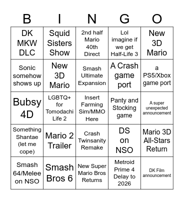 Nintendo Direct Bingo Card