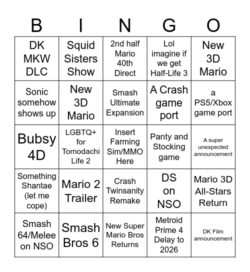 Nintendo Direct Bingo Card