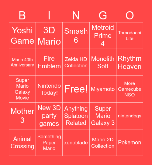 Biggest Nintendo Direct Ever Bingo Card