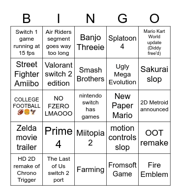 NIntendo Direct 9/12 Bingo Card