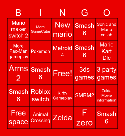Nintendo direct Bingo Card
