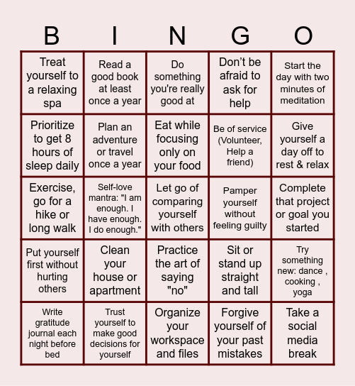 Ways to Practice Self-Love Bingo Card