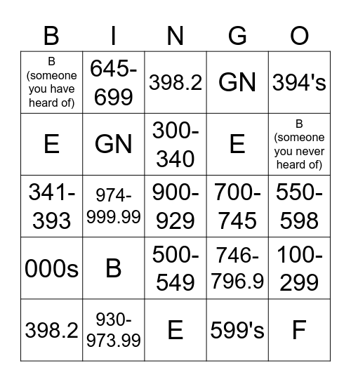 WONDERful Call Number Bingo Card