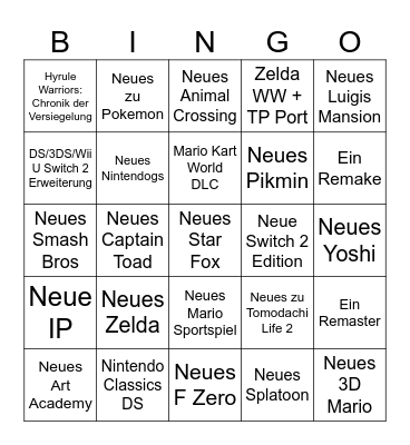 Nintendo Direct Bingo Card