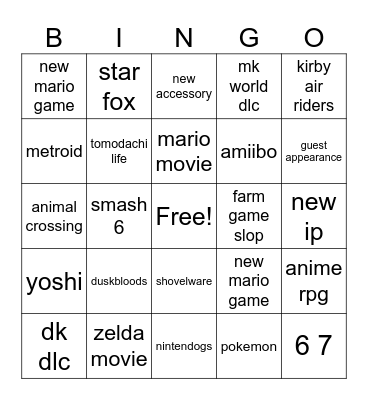 Nintendo Direct Bingo Card
