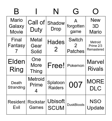 Nintendo Direct Bingo Card