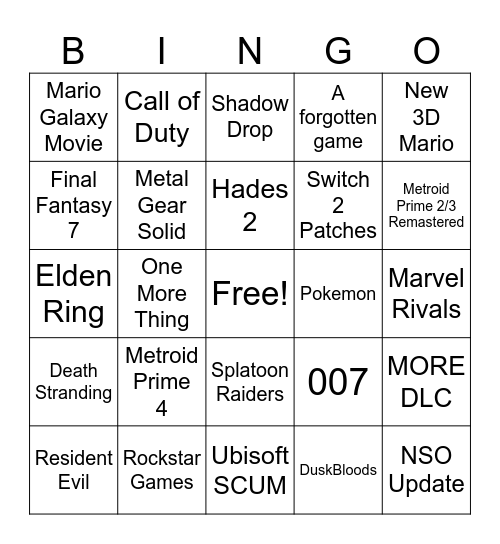 Nintendo Direct Bingo Card