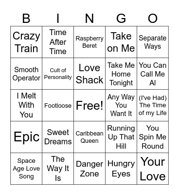 Ultimate 80s Bingo Card