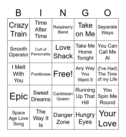 Ultimate 80s Bingo Card