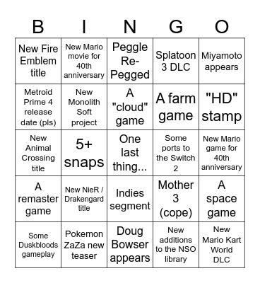 Nintendo Direct 9.12.25 Bingo Card