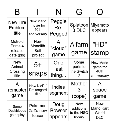 Nintendo Direct 9.12.25 Bingo Card
