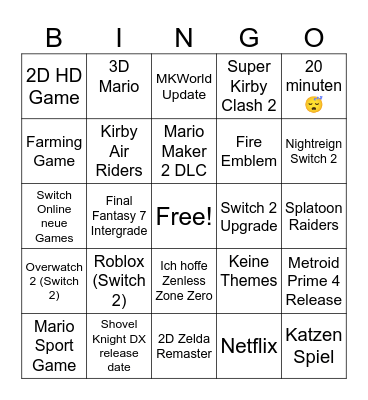Nintendo Direct Bingo Card