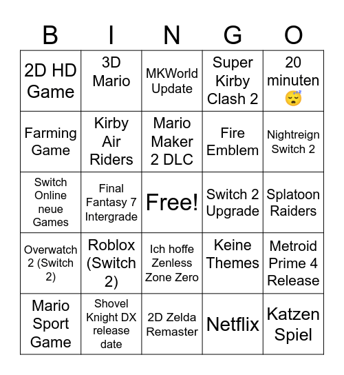 Nintendo Direct Bingo Card