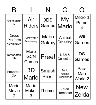Nintendo Direct BINGO Card