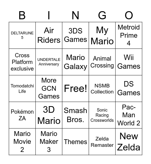Nintendo Direct BINGO Card